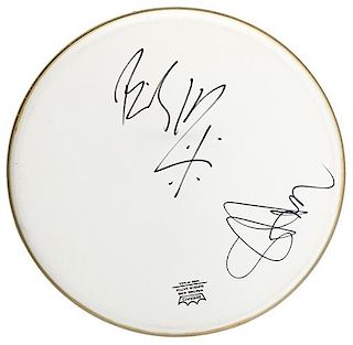 Group of Nine Drum Heads Signed by Classic Rock Bands.