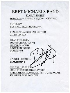 Bret Michaels Band Daily Schedule Sheet Signed by Michaels.