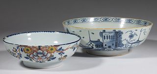ENGLISH DELFT TIN-GLAZED CHINOISERIE MOTIF EARTHENWARE BOWLS, LOT OF TWO