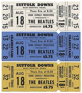 Group of Three Beatles Suffolk Downs Unused Concert Tickets.