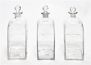 Three Case Blown Glass Decanters and Stoppers, Height of tallest overall 10 inches.