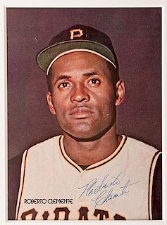Color Photograph Signed by Roberto Clemente and Johnny Bench.