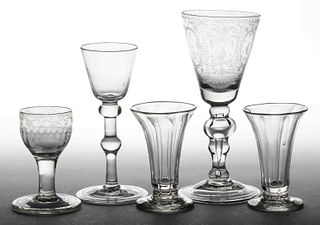 FREE-BLOWN GLASS DRINKING ARTICLES, LOT OF FIVE