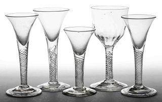 FREE-BLOWN AND AIR-TWIST GLASS DRINKING VESSELS, LOT OF FIVE