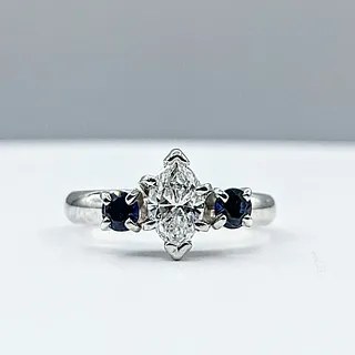 Marquise Cut Diamond & Sapphire Three-Stone Engagement Ring