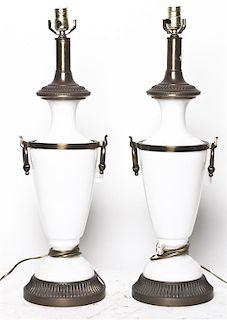 A Pair of Opaline Glass Lamps, Height 27 1/2 inches.