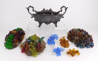 3 1920's Czech glass fruit lamp tops & 4 art glass  grape clusters