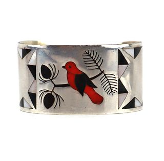 Albert and Dolly Banteah - Zuni - Multi-Stone Inlay and Silver Bracelet with Bird Design c. 1970s, size 6 (J15951)