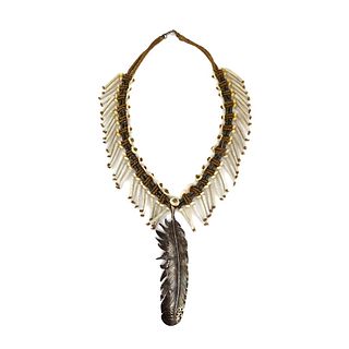 NO RESERVE - Necklace Dentalium Shell, Bone, and Heishi Necklace with Silver Feather Pendant, 21" length (J15897-002)