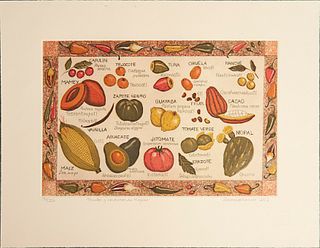 EUGENIA MARCOS, Frutas y verduras de México, Firmado y fechado 2012, Grabado al aguatinta 156/220, 28 x 42 cm imagen / 43 x 57 cm papel
