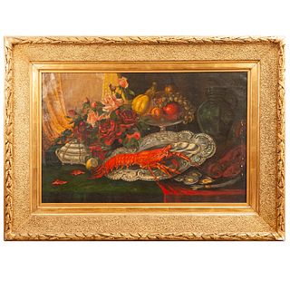 ANÓNIMO, Bodegón con langosta, Sin firma, Óleo sobre tela, 68 x 98 cm