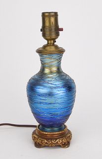 Attributed to Durand blue iridescent threaded glass table lamp