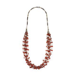  9-Strand Coral and Liquid Silver Necklace c. 1980s, 32" length (J15897-004)
