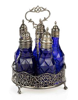 THOMAS NASH I, ENGLISH GEORGIAN STERLING SILVER CRUET STAND WITH FIVE PERIOD GLASS CONDIMENT BOTTLES