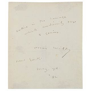 Oscar Wilde Autograph Quotation Signed: "Satire is the homage which mediocrity pays to genius"