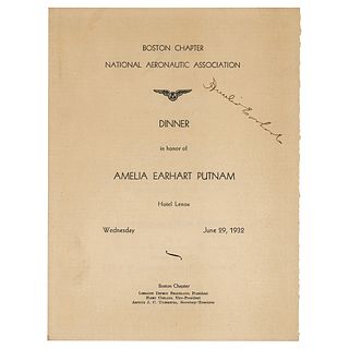 Amelia Earhart Signed National Aeronautic Association Dinner Menu
