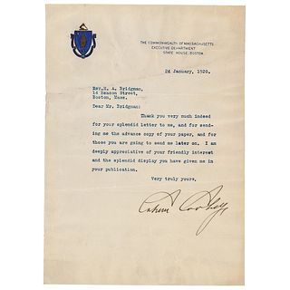 Calvin Coolidge Typed Letter Signed as Governor