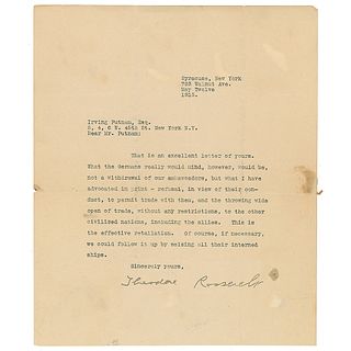 Theodore Roosevelt Typed Letter Signed on WWI