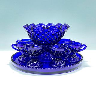 8pc Mini Punchbowl Cups and Tray Cobalt Hobnail