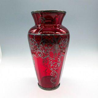 Vintage Ruby Red Vase with Silver Overlay