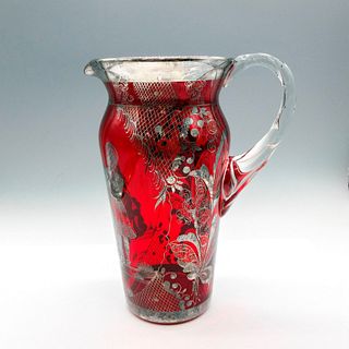 Vintage Ruby Red Glass Pitcher with Silver Overlay Design