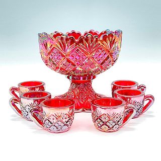 7pc Set Miniature Carnival Glass Pedestal Punchbowl with 6 Cups