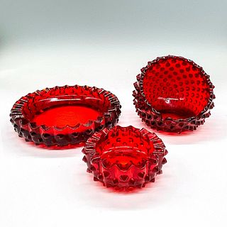 3pc Fenton Glass Hobnail Ruby Red Ashtrays