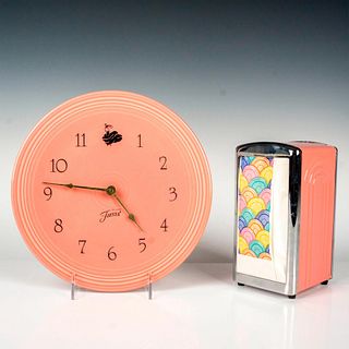 2pc Homer Laughlin Fiesta Napkin Dispenser and Clock, Rose
