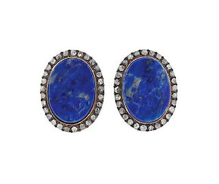18K Gold Silver Rose Cut Diamond Blue Stone Earrings