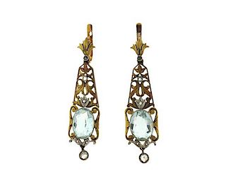 Antique 18K Gold Platinum Diamond Blue Stone Dangle Earrings