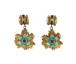 14K Gold Turquoise Lapis Dangle Earrings