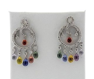 14K Gold Diamond Multi Color Stone Dangle Earrings