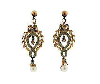 Antique 14K Gold Turquoise Pearl Dangle Earrings