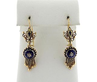 Antique 14K Gold Enamel Pearl Dangle Earrings
