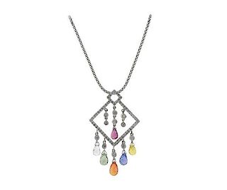 14K Gold Diamond Multi Color Stone Dangle Pendant Necklace