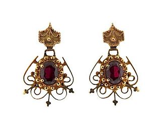 Antique 14K Gold Red Stone Dangle Earrings