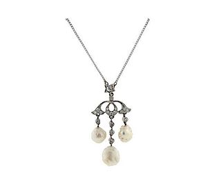 Antique Platinum Gold Diamond Pearl Pendant Necklace