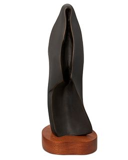 Allan Houser (1914-1994, Apache), Standing cloaked figure, 1990, Patinated bronze on a wood plinth, 10" H x 3.5" W x 2.25" D; With base: 11" H x 4.5" 
