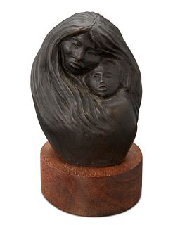 Allan Houser (1914-1994, Apache), Bust of a mother and child, 1987, Patinated bronze on a wood plinth, 2.625" H x 2" W x 2" D; With base: 3.5" H x 2" 