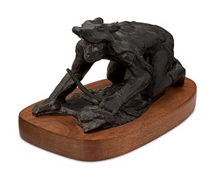 Allan Houser (1914-1994, Apache), Figure in a wolf skin cloak, Patinated bronze on a wood plinth, 4.75" H x 9.5" W x 4.25" D; With base: 6" H x 10.5" 