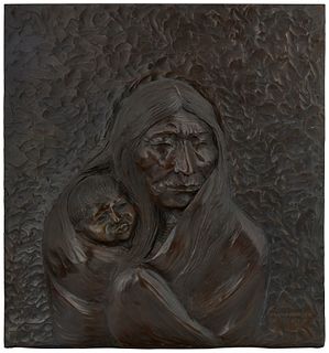 Allan Houser (1914-1994, Apache), "Grandmother's Relief," 1985, Patinated bronze, 21" H x 19.75" W x 3" D