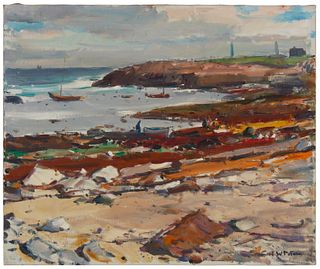 Carl William Peters (1897-1980), "Twin Lighthouses," Oil on canvas, 20" H x 24" W