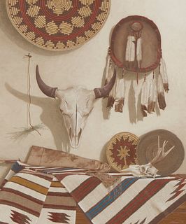 Mark Thompson (b. 1947), Still life with buffalo skull, Tempera on panel, 45" H x 38" W