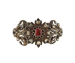 Antique Silver Diamond Red Stone Bangle Bracelet