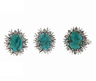 18K Gold Diamond Turquoise Ring Earrings Set