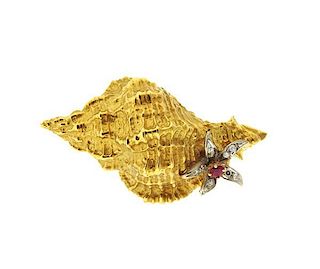 18K Gold Diamond Red Stone Conch Shell Brooch