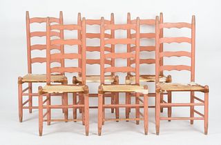 Six Salmon-Painted and Hide Ladderback Chairs