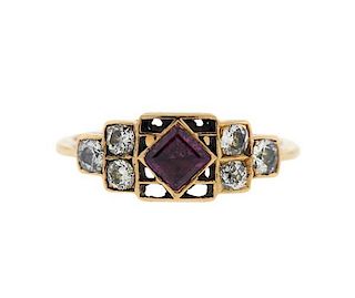Antique 18K Gold Pink Stone Diamond Ring