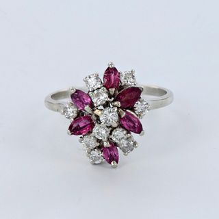 14K White Gold with Ruby and Diamond Cluster Ring