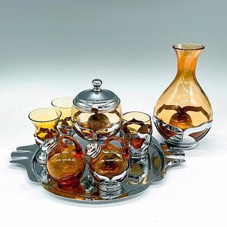 7pc Farber Bros Amber Condiment Tray With Glasses + Decanter